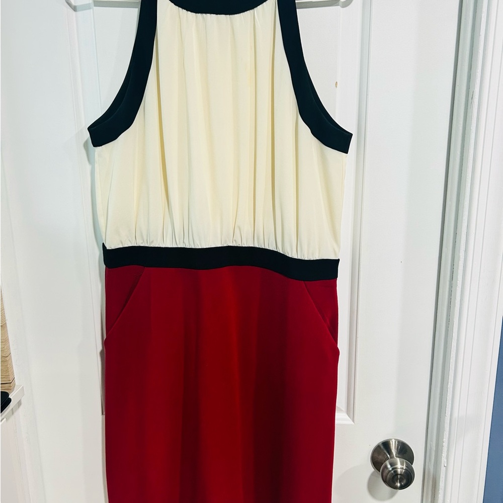 LOFT Red and Cream Sleeveless Midi Dress